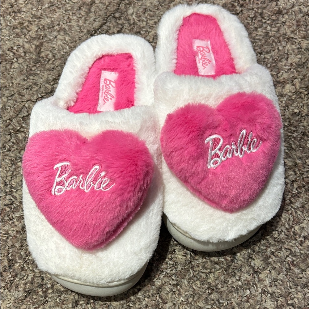 Barbie Fuzzy Pink and White Heart Slippers